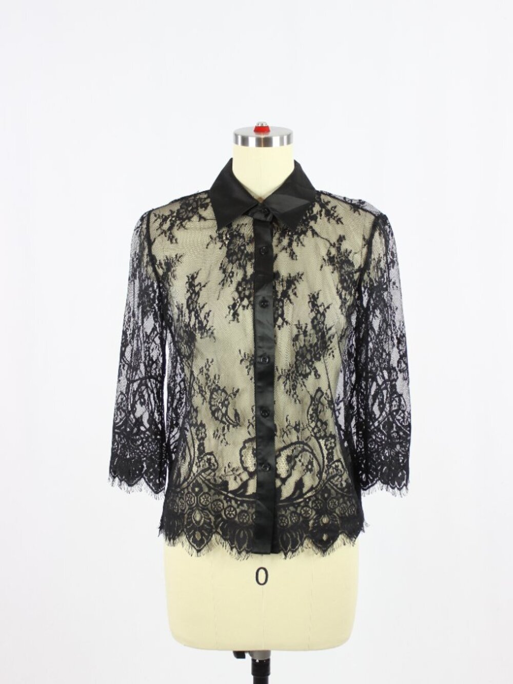 ROBERT RODRIGUEZ Black Sheer Scalloped Lace Satin Trim Button Up Blouse, Size 0